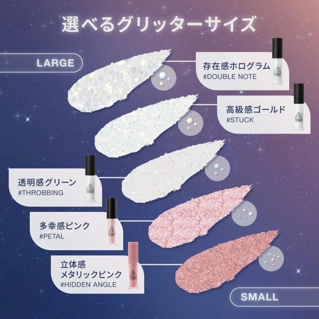 3CE（スリーシーイー） アイスイッチのグリッターサイズ